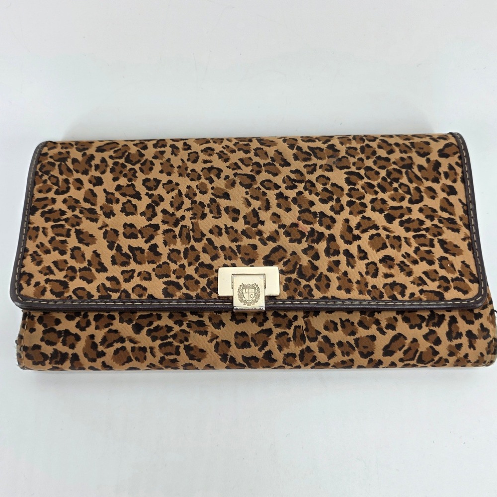 Liz Claiborne Trifold Wallet Leopard Cheetah Print Brown Canvas Gold Clasp Y2K